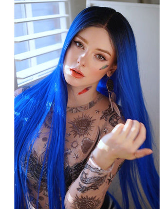 NOBLE Synthetic Lace Front Wigs |38 inch Super Long Straight Lace Wig Preplucked| Blue Wig - Noblehair