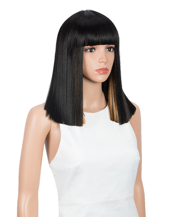NOBLE Synthetic Behind Ear Dyed Hair Wig | 13 Inch Blunt Cut Bob Wigs with Bangs | Dyed Orange Color Behind Ear Avril - Noblehair