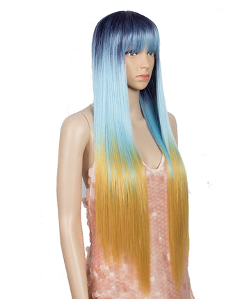 NOBLE Synthetic Non Lace Wig | 32 Inch long straight Wigs with Bangs | Ombre Bule Orange Color Wig JOYO - Noblehair