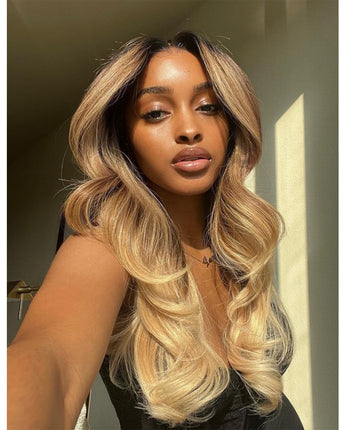 NOBLE Easy 360 Synthetic HD Lace Frontal Wig | 28 Inch Long  Wavy Ombre Blonde Wig | Queen