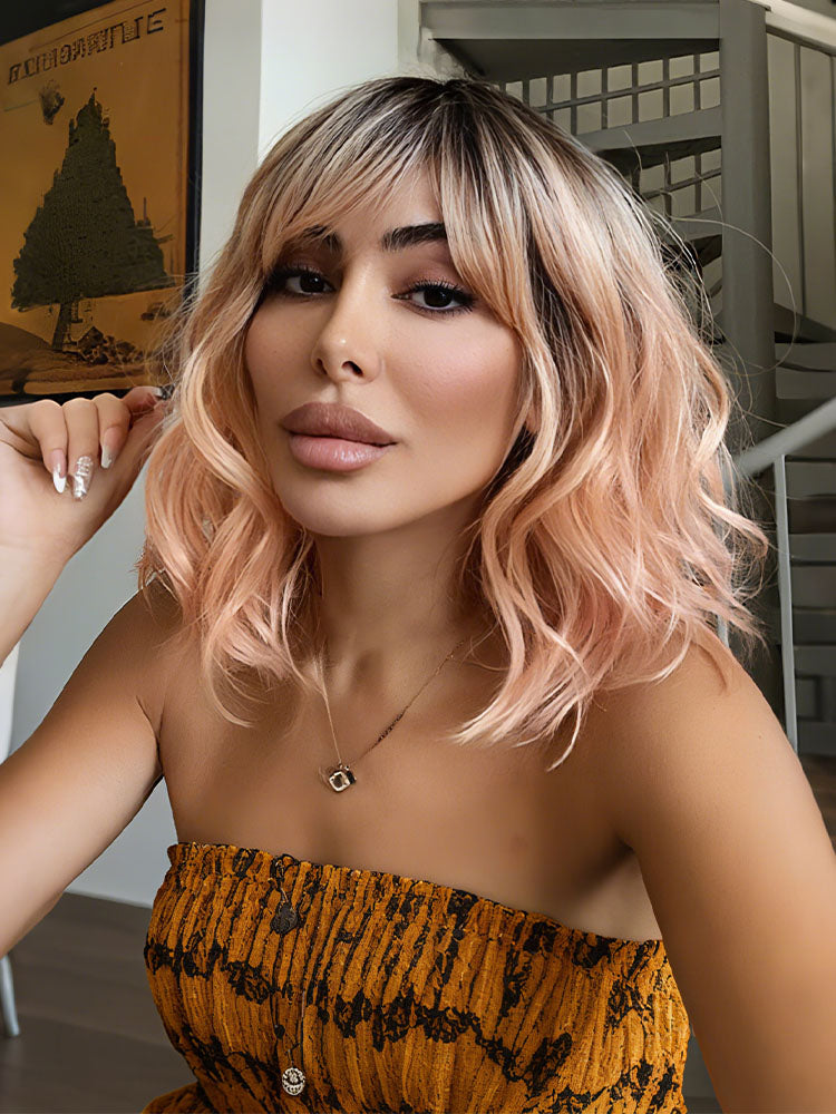 Noble Synthetic Non Lace Wig Natural Wave 12 inches BOB Wigs Rose Pink