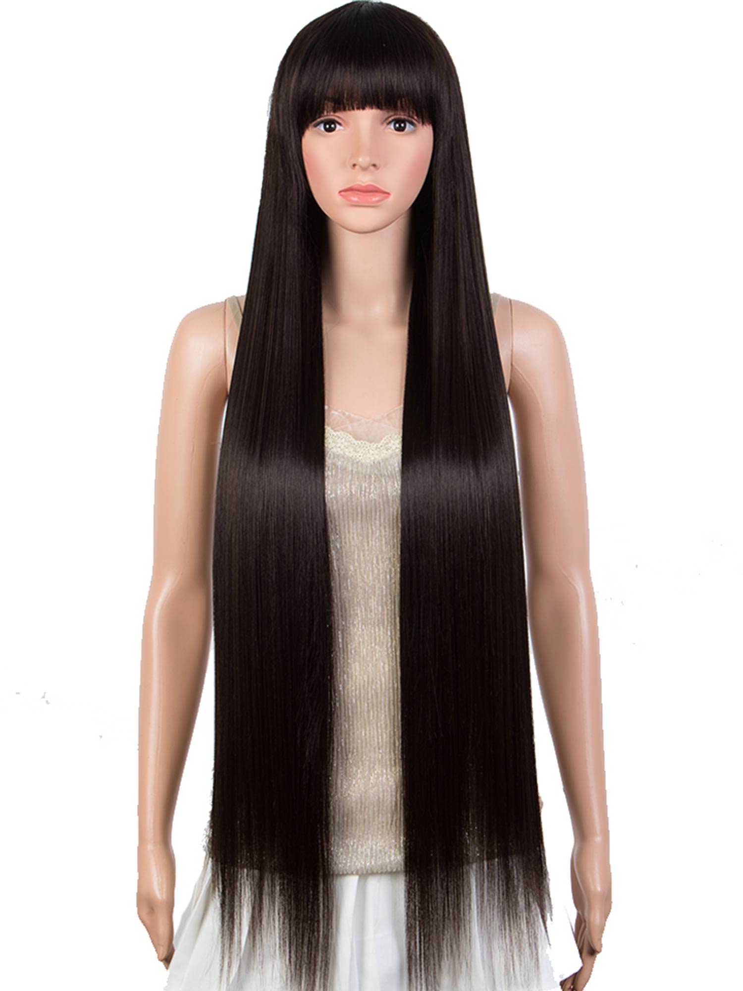 Noble 24-36 Inches Natural Black Long Straight Wigs With Bangs Cosplay Wigs