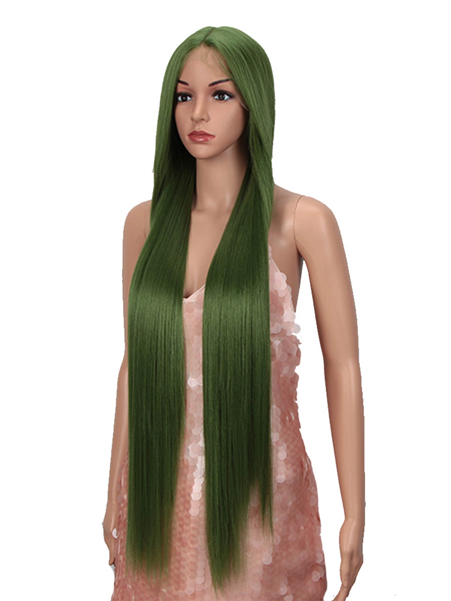 Noble 38 inch Super Long Straight Wig Green Color Synthetic Lace Front Wigs