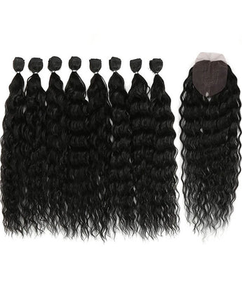 Noble 20 Inch Water Wave Natural Black Synthetic Hair Bundles With Lace Closure | 9PCS/PACK