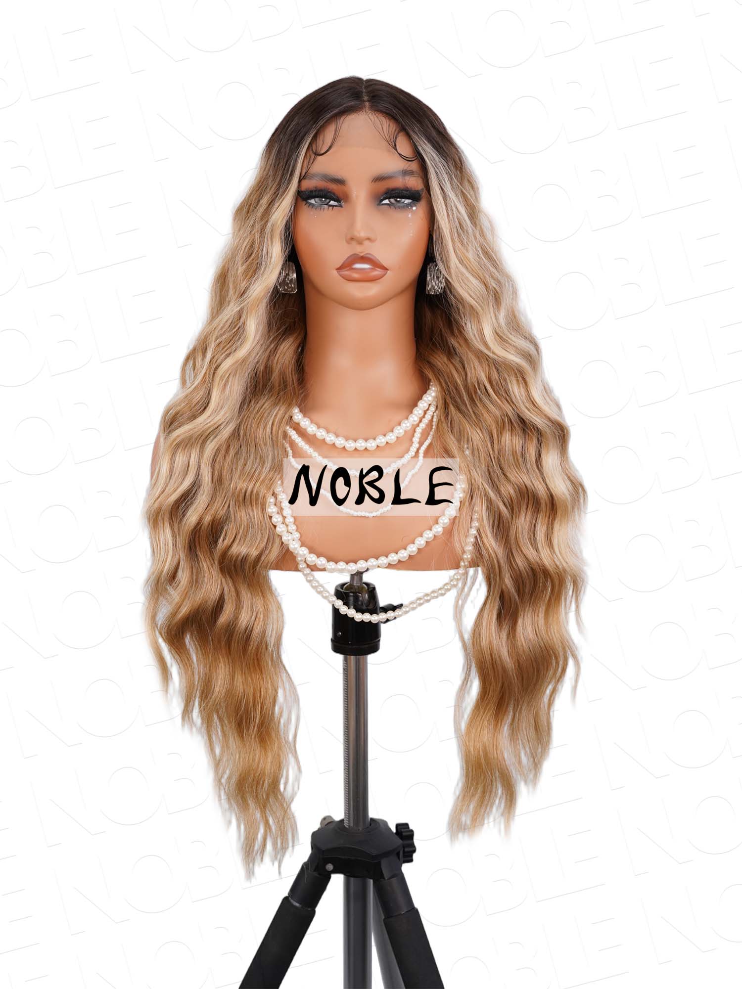 Noble Ombre Mixed Blonde Body Wave T-Part Lace Realistic Synthetic Hair 13×4×1 Lace Pre Plucked Wig 27 Inch