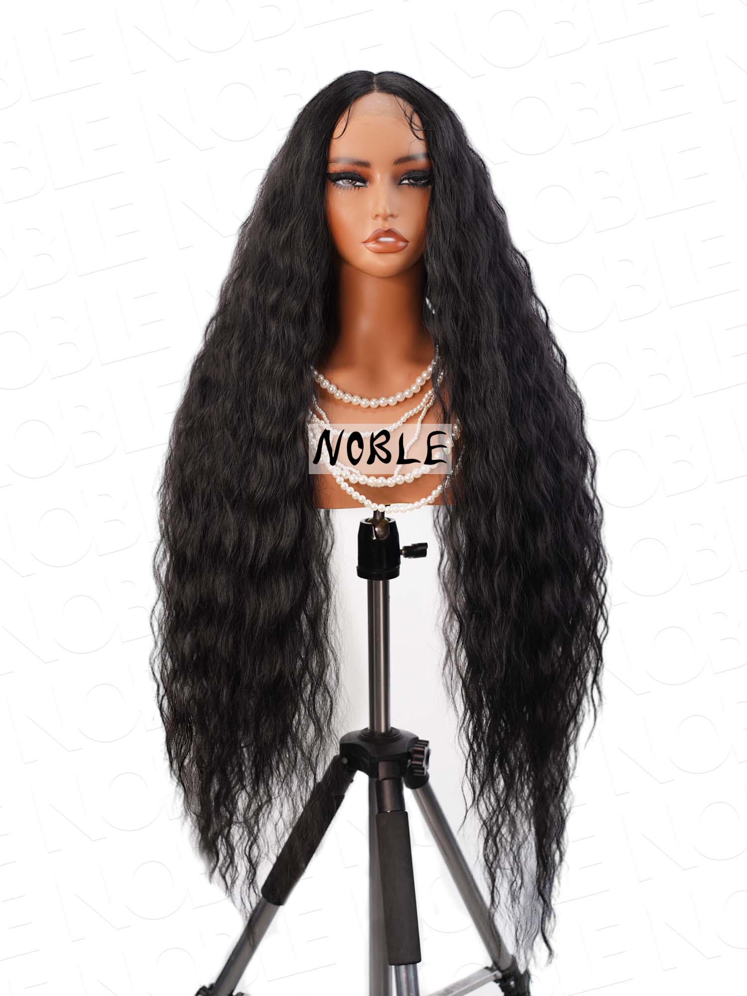 Noble Natural Black 41 Inch Long Wavy 13×6×1 Deep Parting Middle Part Lace Curly Synthetic Wig