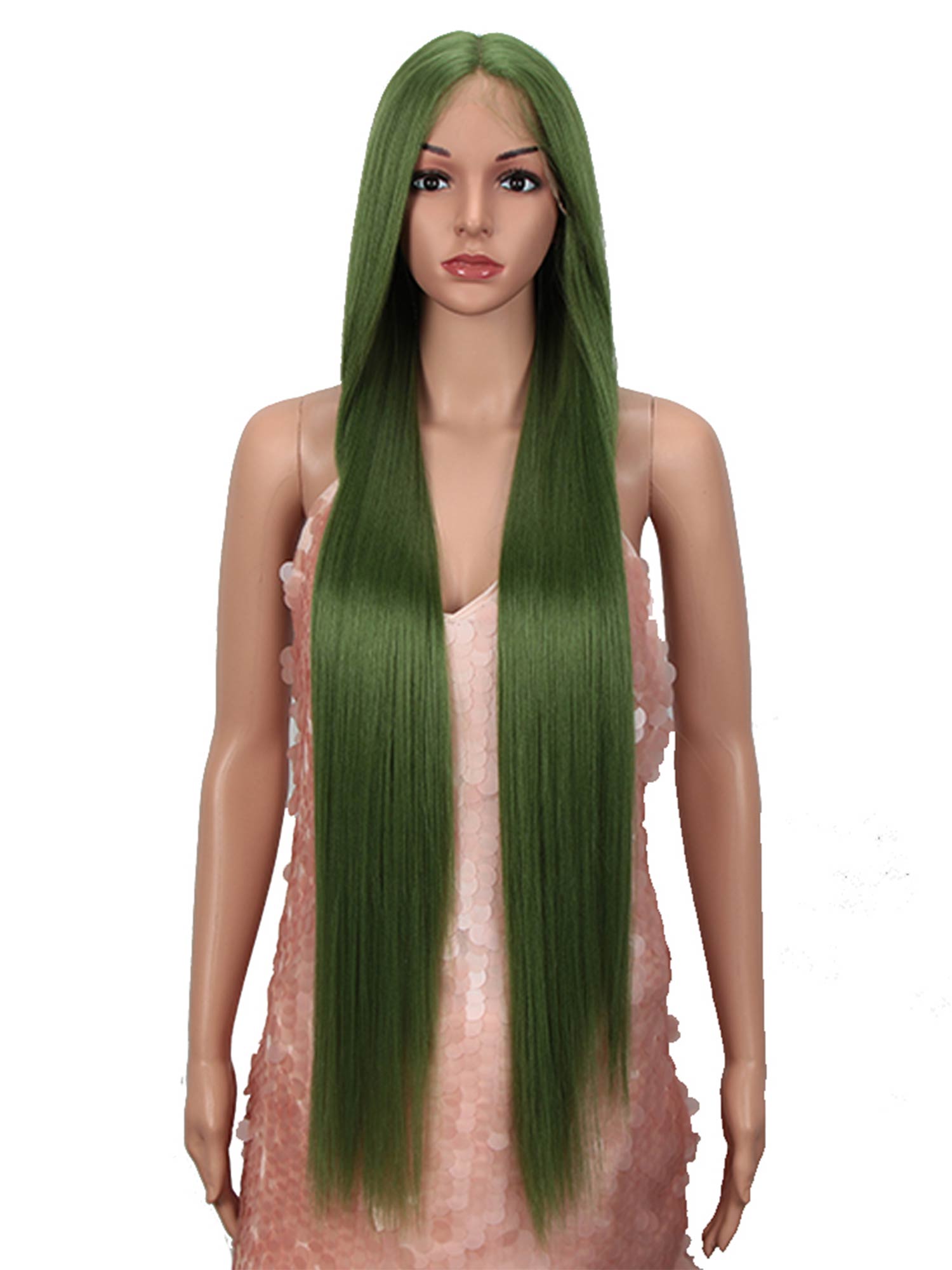 Noble 38 inch Super Long Straight Wig Green Color Synthetic Lace Front Wigs