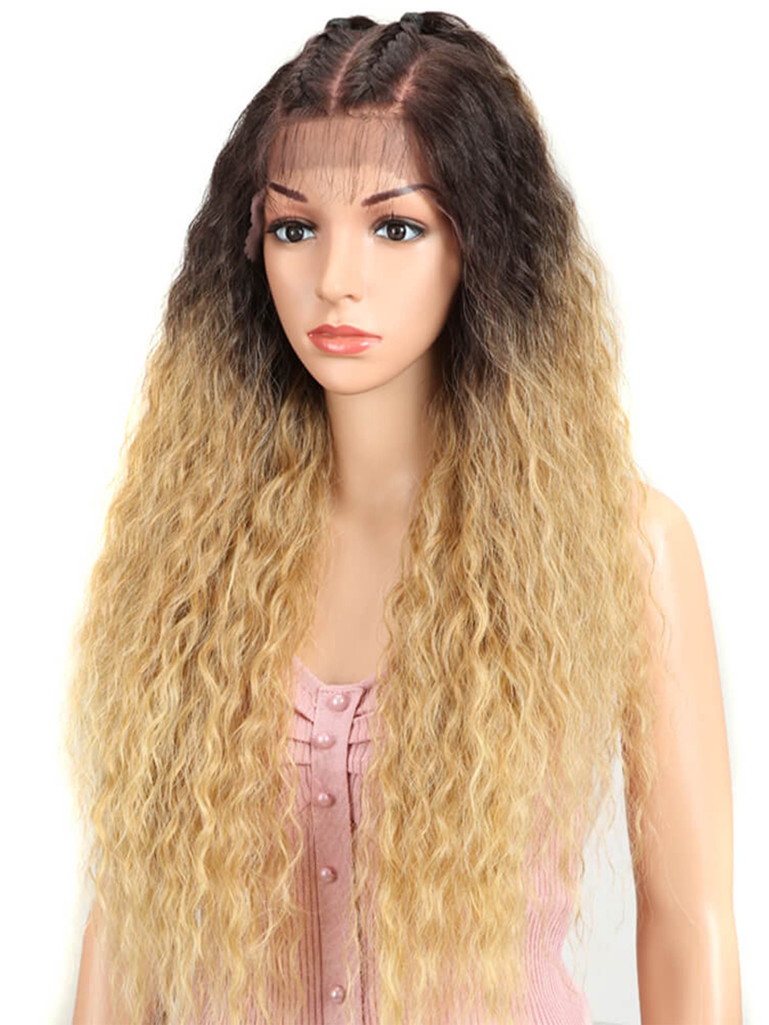Noble 13×4 Lace Frontal 30 Inch Ripple Fairy Curly Wig Ombre Blonde Synthetic Wig