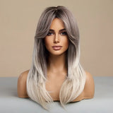 Glam Up Your Look with a Blonde Wig - Long Layered Synthetic Hair with Dark Roots & Bangs