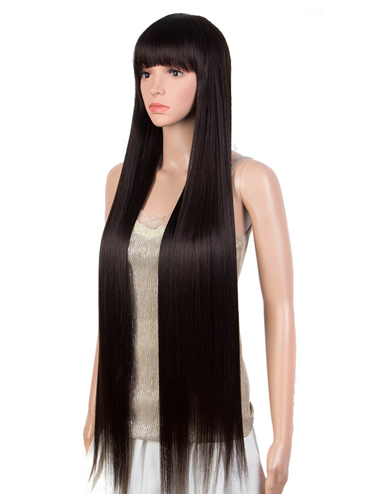Noble 24-36 Inches Natural Black Long Straight Wigs With Bangs Cosplay Wigs