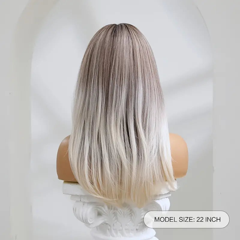 Glam Up Your Look with a Blonde Wig - Long Layered Synthetic Hair with Dark Roots & Bangs