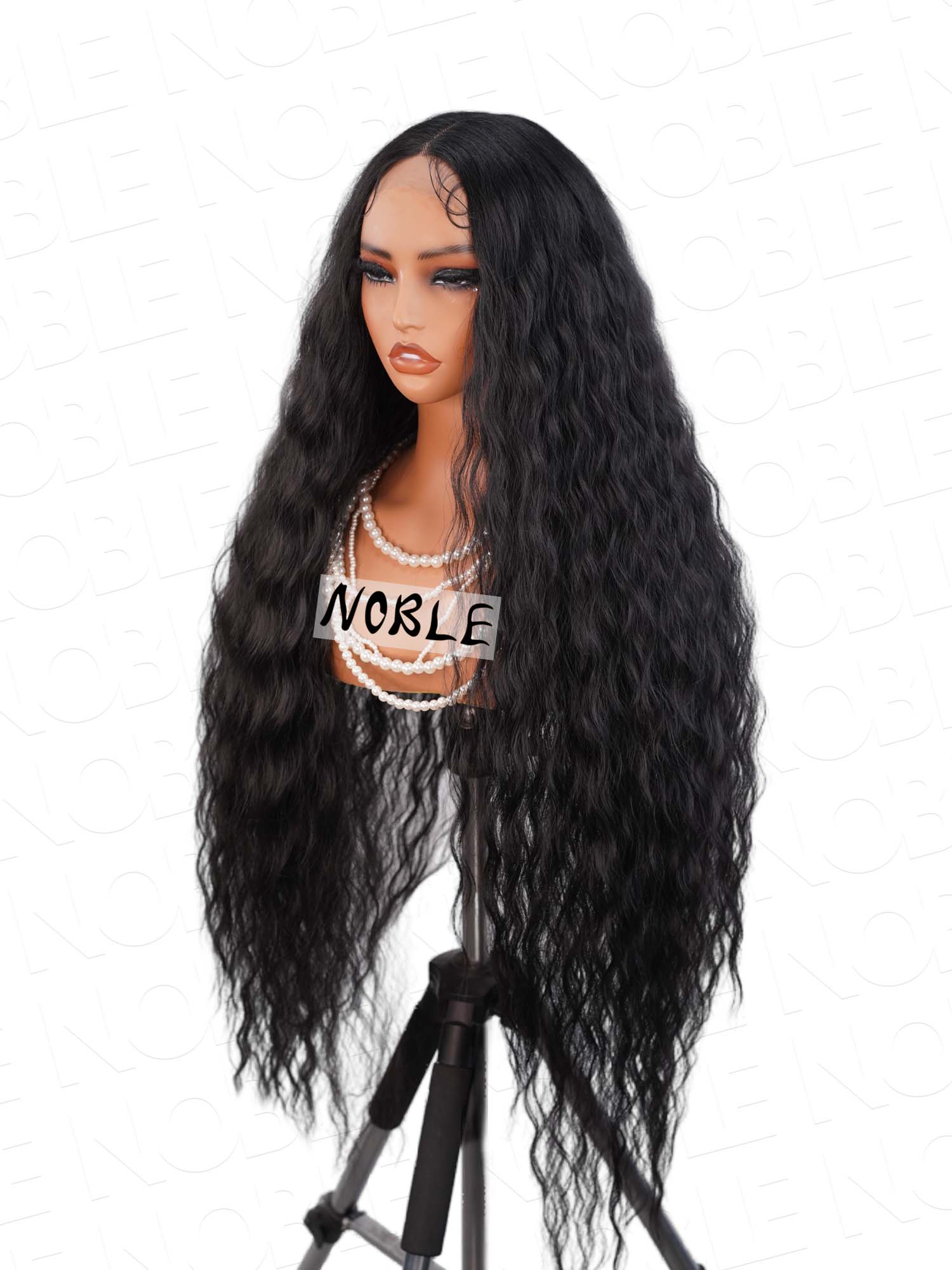 Noble Natural Black 41 Inch Long Wavy 13×6×1 Deep Parting Middle Part Lace Curly Synthetic Wig