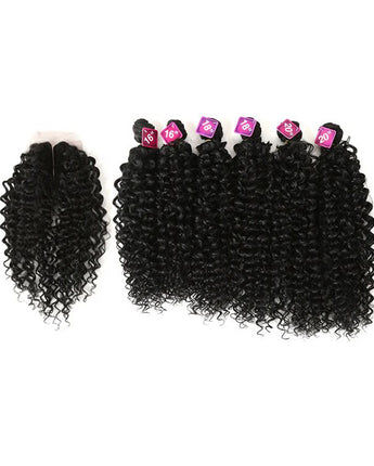 Noble 16-20 Inch Afro Kinky Curly Natural Black Synthetic Hair Bundles With Closure | 7PCS/PACK