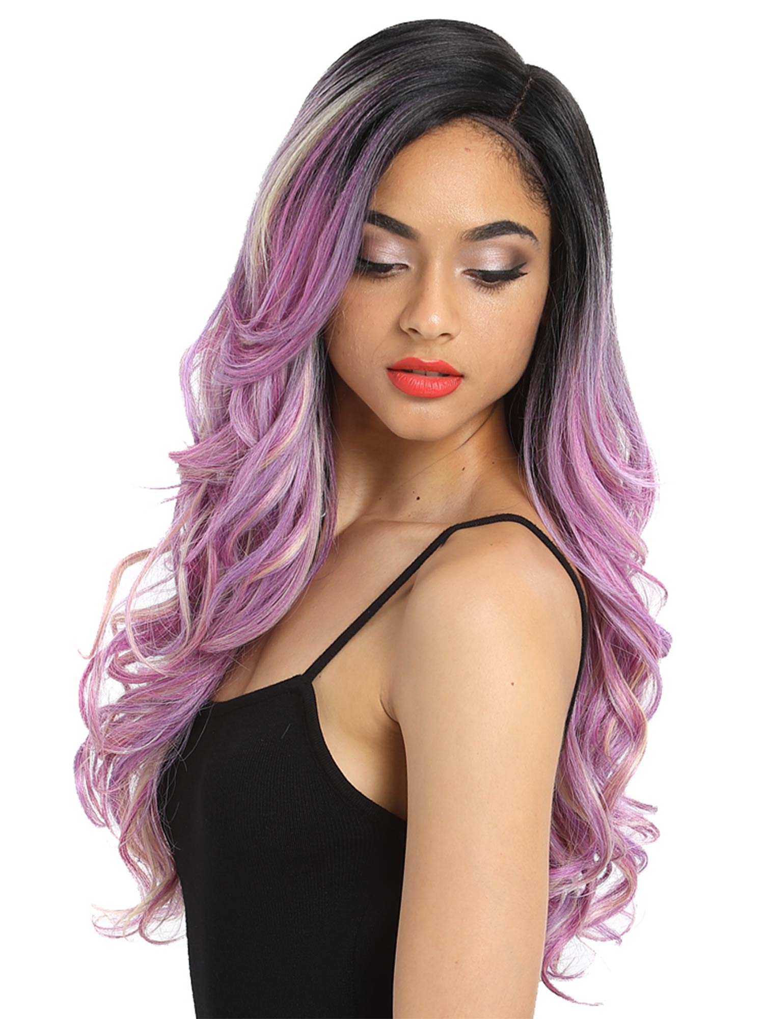 Noble 22 Inch Tousled Waves 5 Inch Lace Part Lavender Pink Highlight Purple Color Synthetic Wig