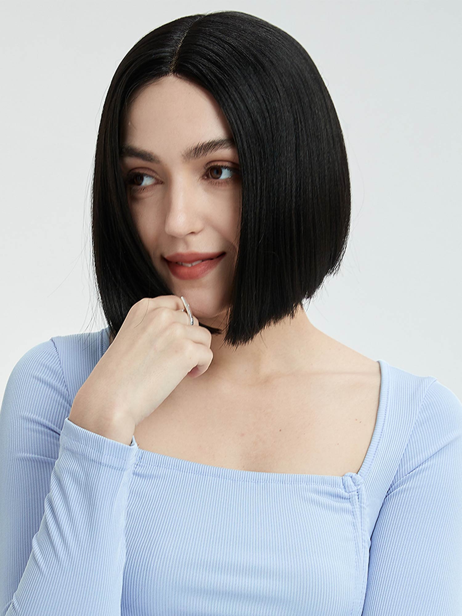 Noble 9.5 Inch Blunt Cut Bob Wig T Part Lace Natural Black Color Synthetic Wig