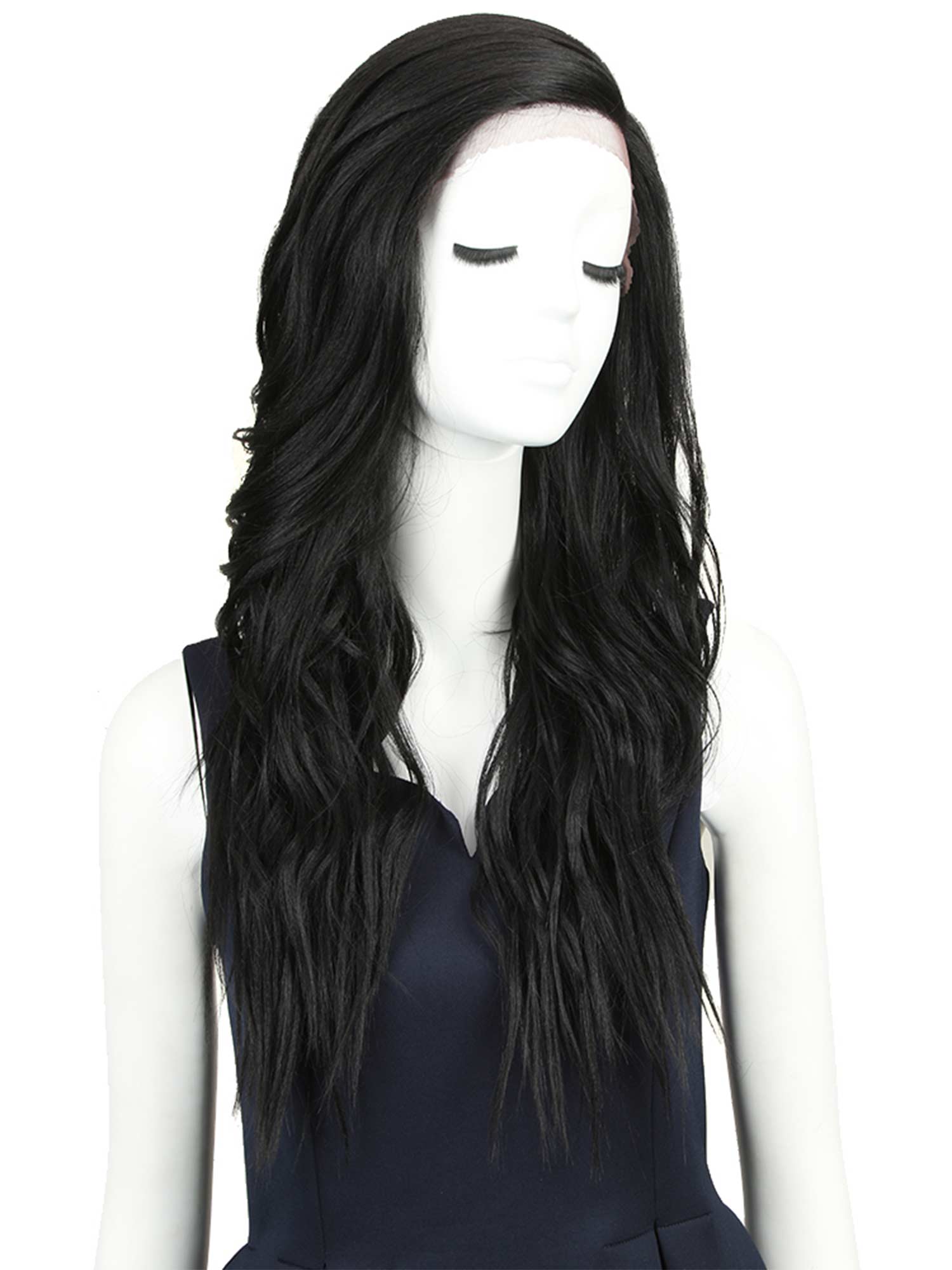 Noble 27 Inch Long Wavy Side Part Wig Natural Black Color Synthetic Wig