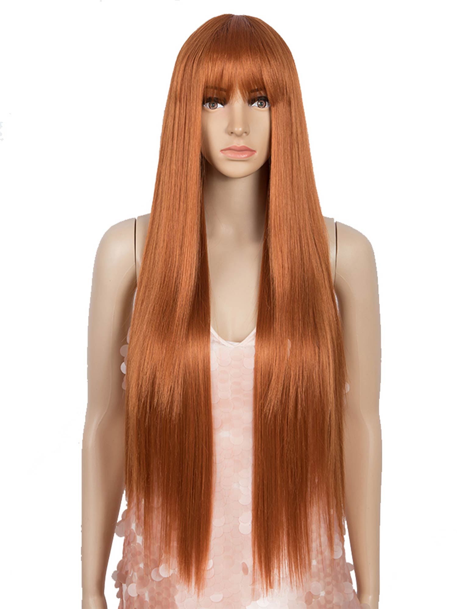 Noble 32 Inch long straight Wigs with Bangs Auburn Color Ginger Orange Wig Synthetic Wig