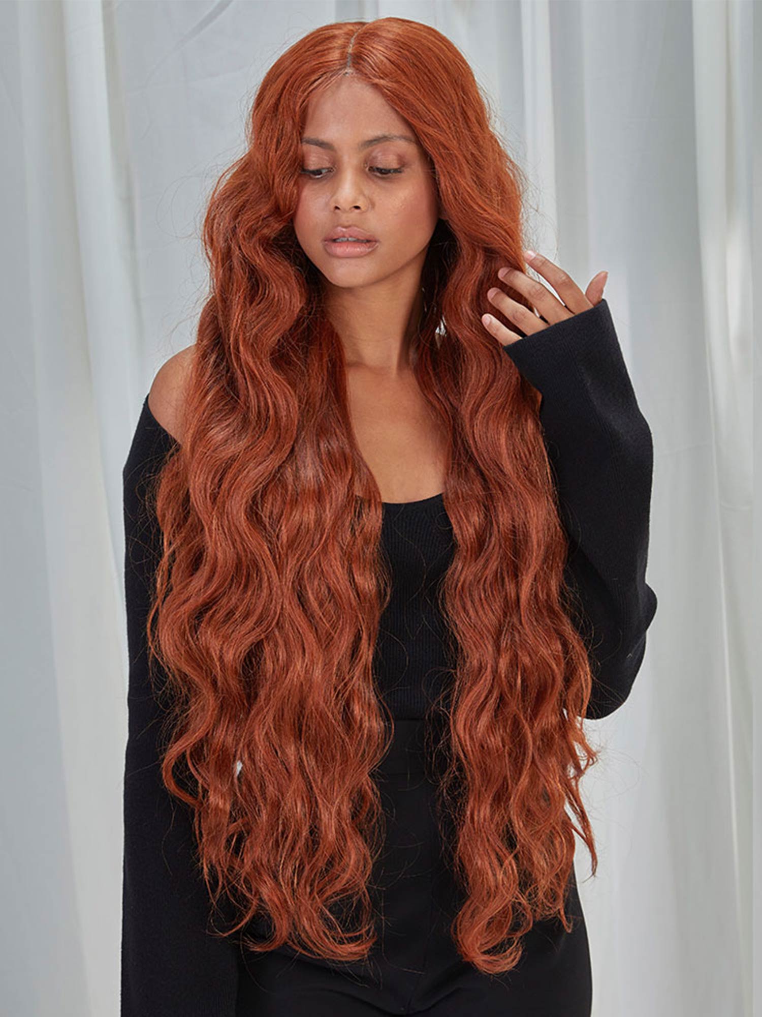 Noble 38 Inch Long Body Wave Auburn Color Synthetic Lace Front Wigs