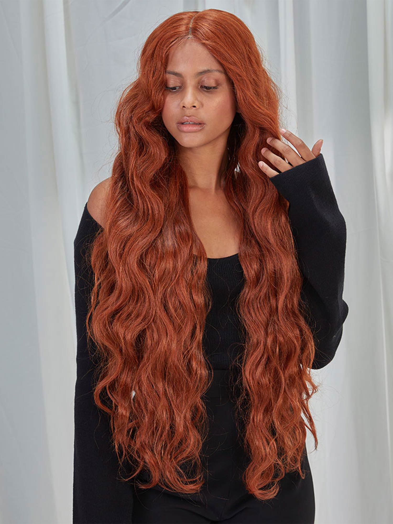 Noble 38 inch Long Wavy Wig Auburn Color Wig T Part Lace Wig Synthetic Wigs