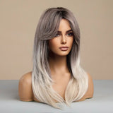 Glam Up Your Look with a Blonde Wig - Long Layered Synthetic Hair with Dark Roots & Bangs