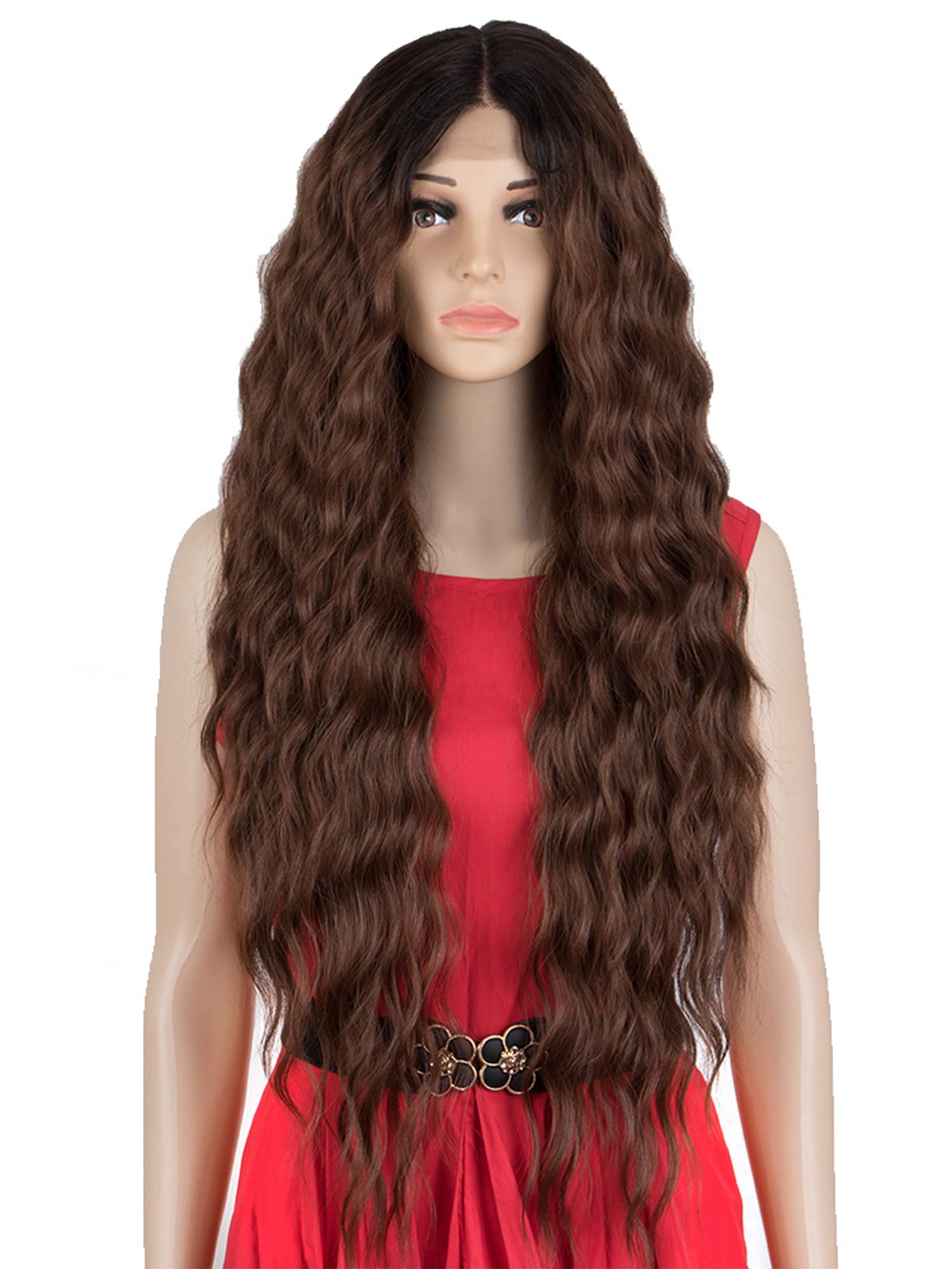 Easy 13×4 Lace Front 31 inch Long Water Wave Wig Chestnut  Color Synthetic Wig