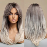 Glam Up Your Look with a Blonde Wig - Long Layered Synthetic Hair with Dark Roots & Bangs