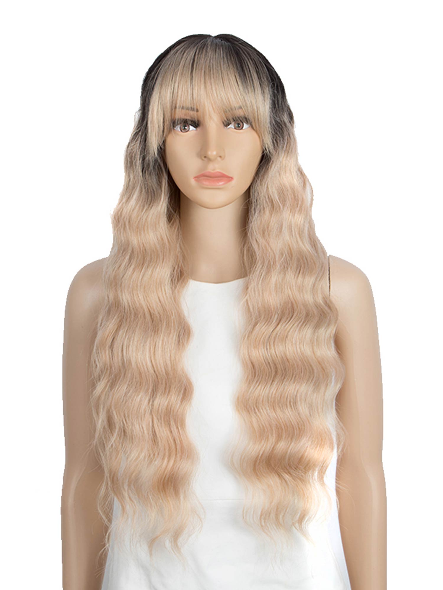 Noble Loose Curly Wavy Lace Front Wig With Bangs  28 Inch Synthetic Wigs Pink Blonde