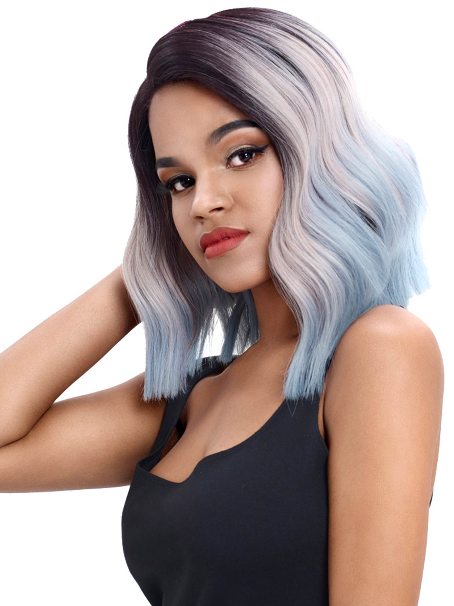 Noble 14.5 Inch Short Body Wave Bob Wig 5 Inch Side Part Bob Ombre Blue Synthetic Wig