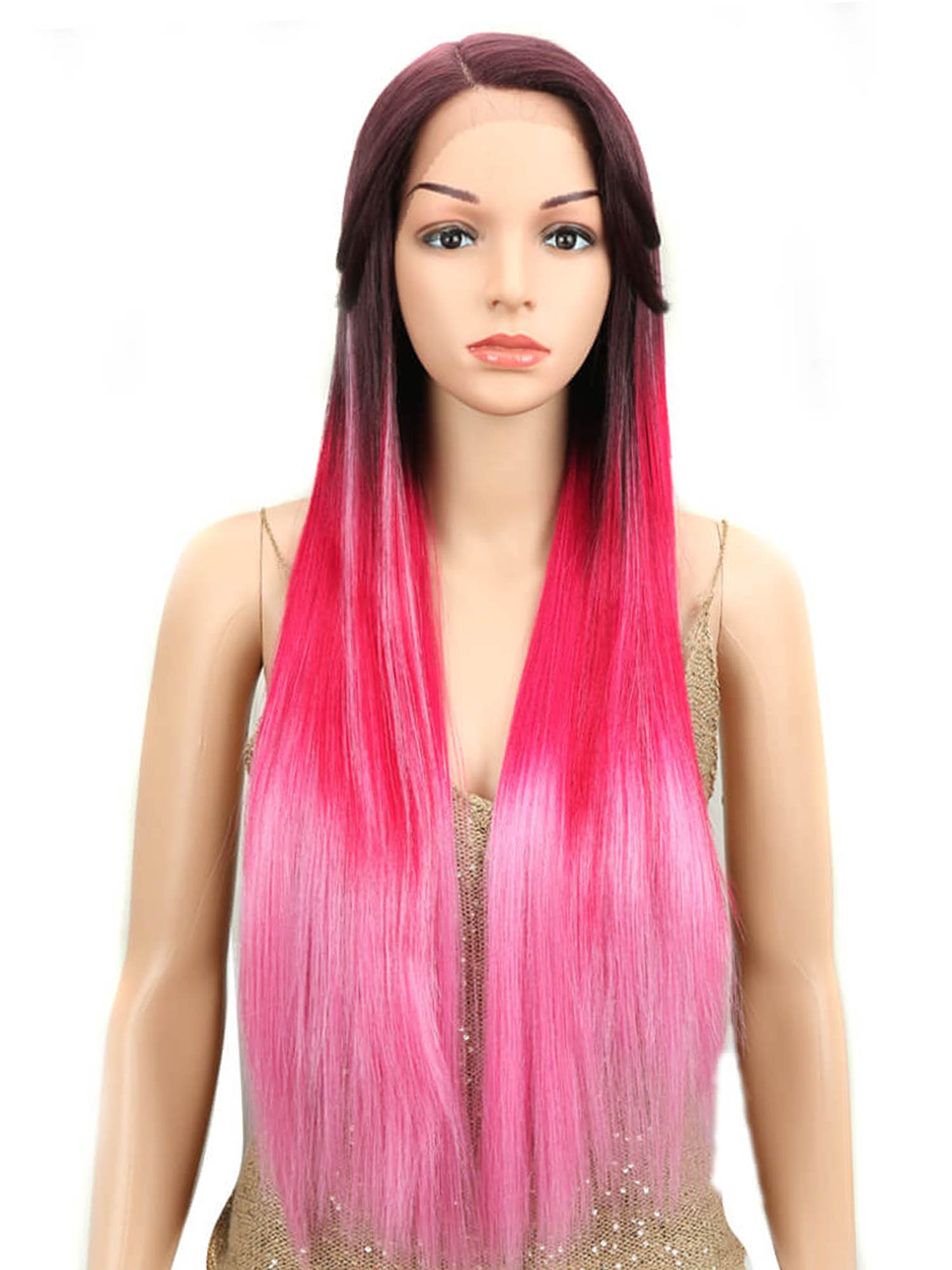Noble Nicole Synthetic 5" Side Part Lace Front Wigs 31 Inch long straight Ombre Hot Pink Wig