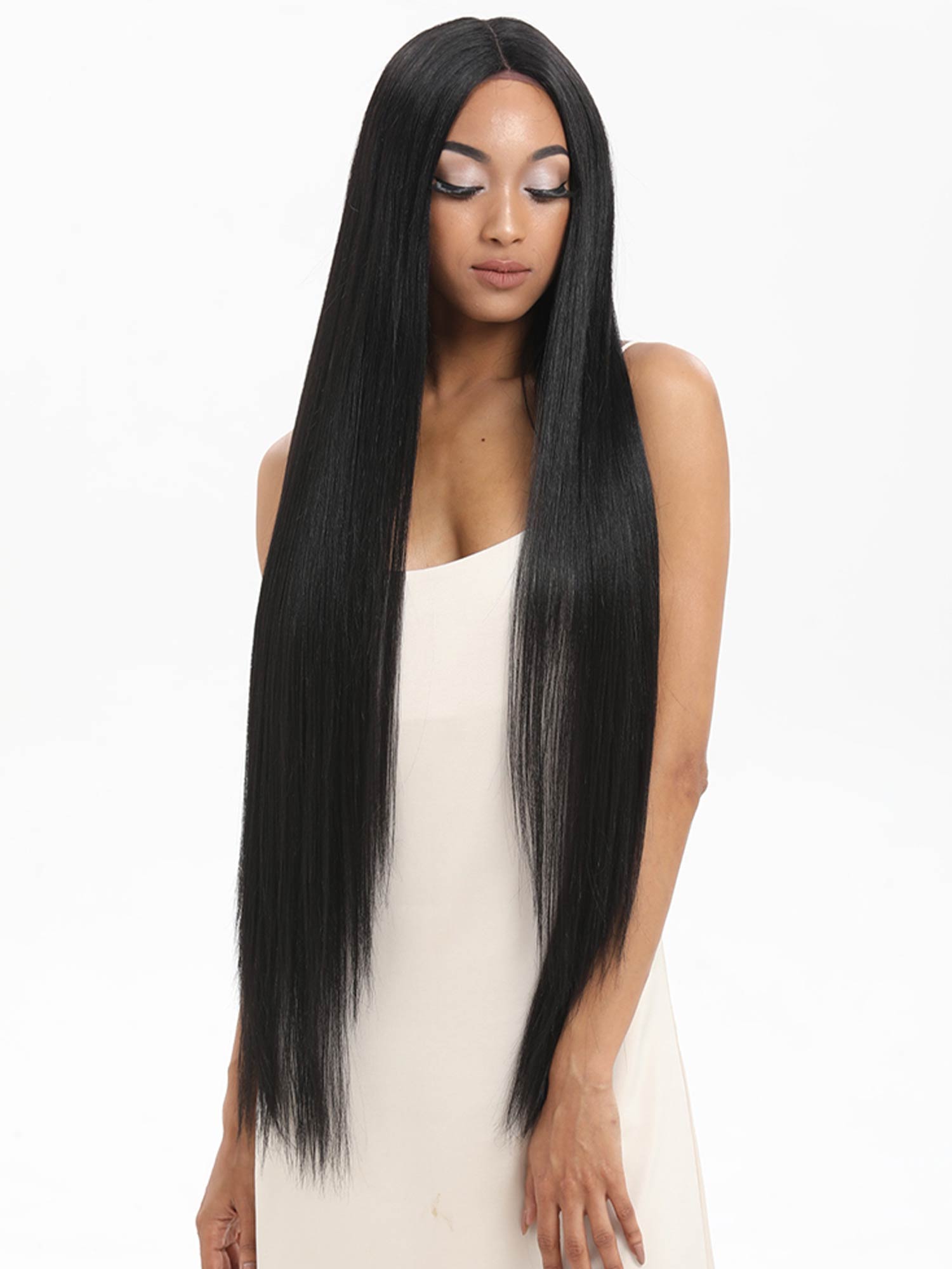 Noble 38 inch Super Long Straight Lace Wig Preplucked Natural Black Synthetic Wig
