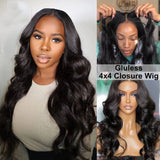 Pre Cut 4x4 Lace Glueless Body Wave Lace Closure Wig with Elastic Band Ready to Wear