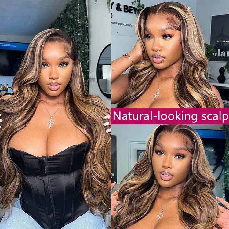 Pre Cut Lace Wear & Go Glueless Highlight Body Wave Human Hair Wig with Elastic Band