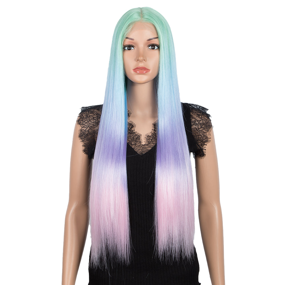 30 Inch long Rainbow color straight Wig | NOBLE Synthetic Lace front Middle Part Wig | Purple  Wig HEADLINE