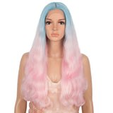 5*1 Lace Frontal Ombre Pink Color Synthetic Body Wave Wig Similar To A Human Hair
