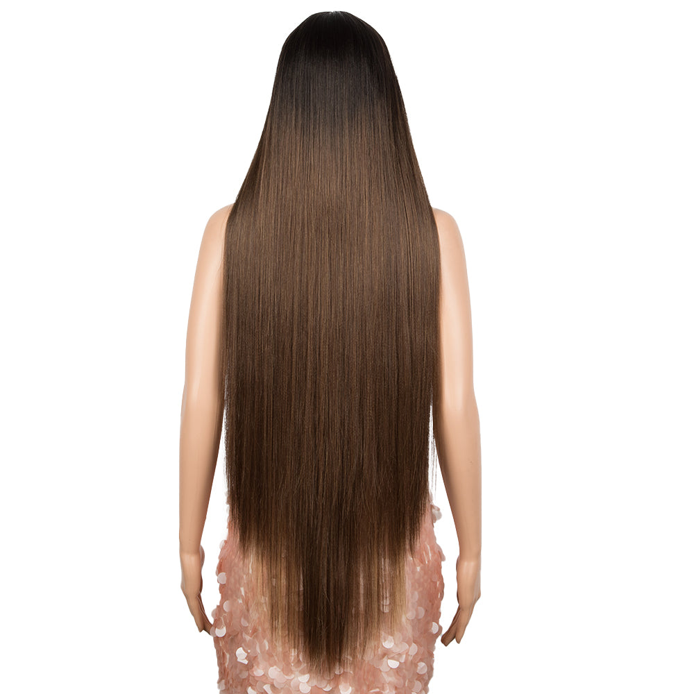 38 inch Long Straight Mocha Brown to Beige Blonde Long Ombre Hair Lace Wig Preplucked | NOBLE Synthetic Lace Front Wigs