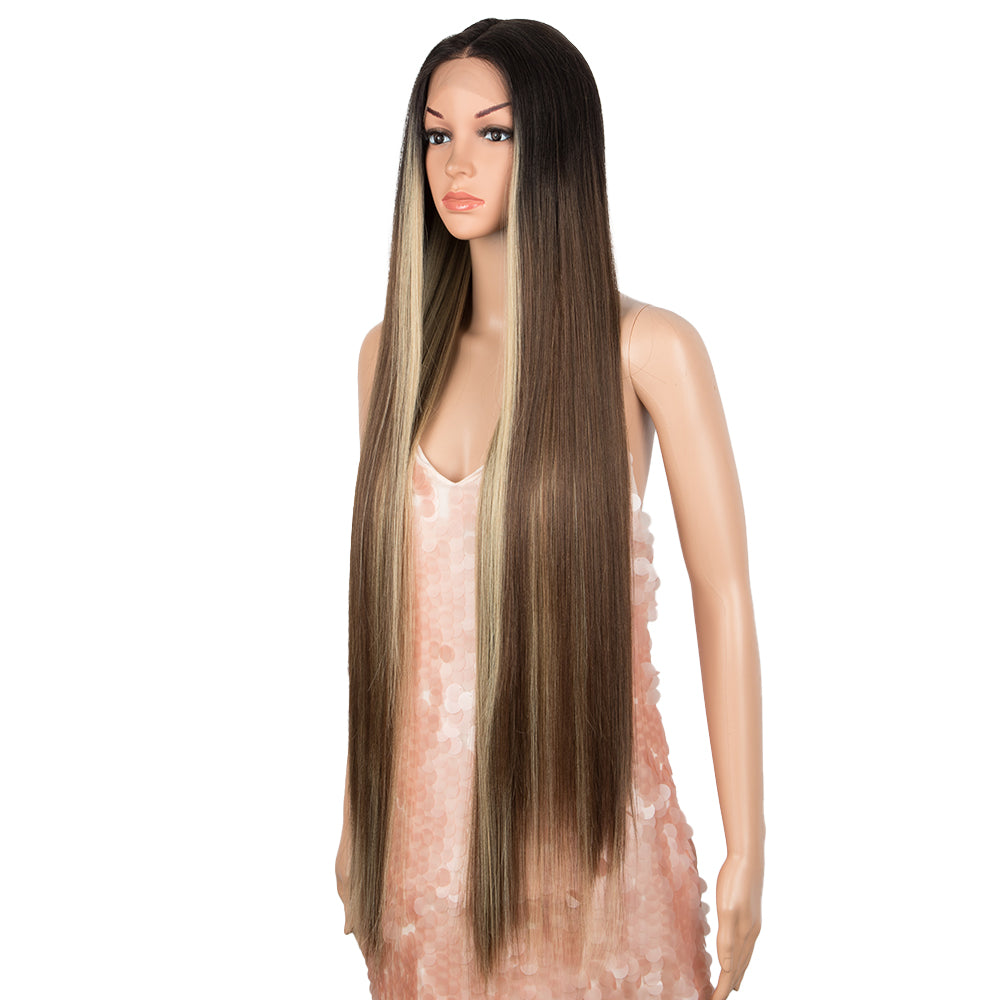 38 inch Long Straight Mocha Brown to Beige Blonde Long Ombre Hair Lace Wig Preplucked | NOBLE Synthetic Lace Front Wigs