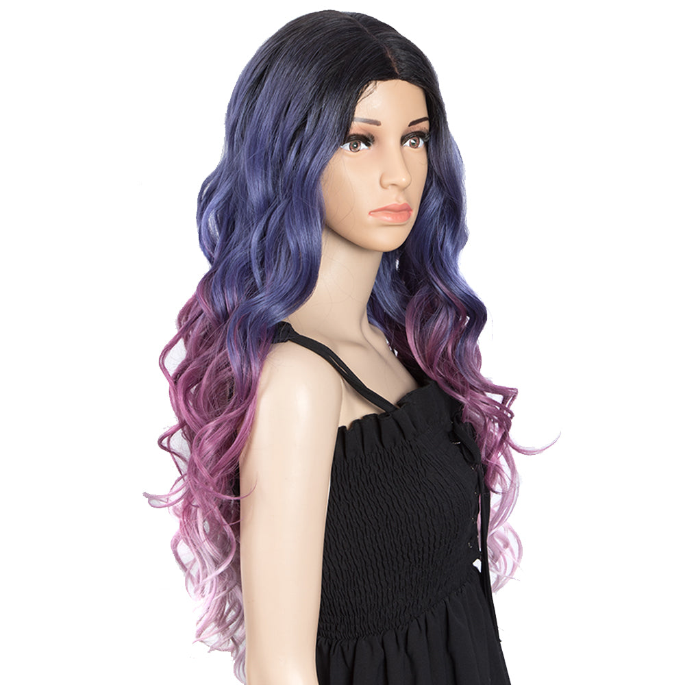 NOBLE NEON Synthetic Lace Front Wigs for Women|27 inch Long Wavy Wig|5 inch Middle Part Pre plucked Ombre Blue Purple Wig - Noblehair