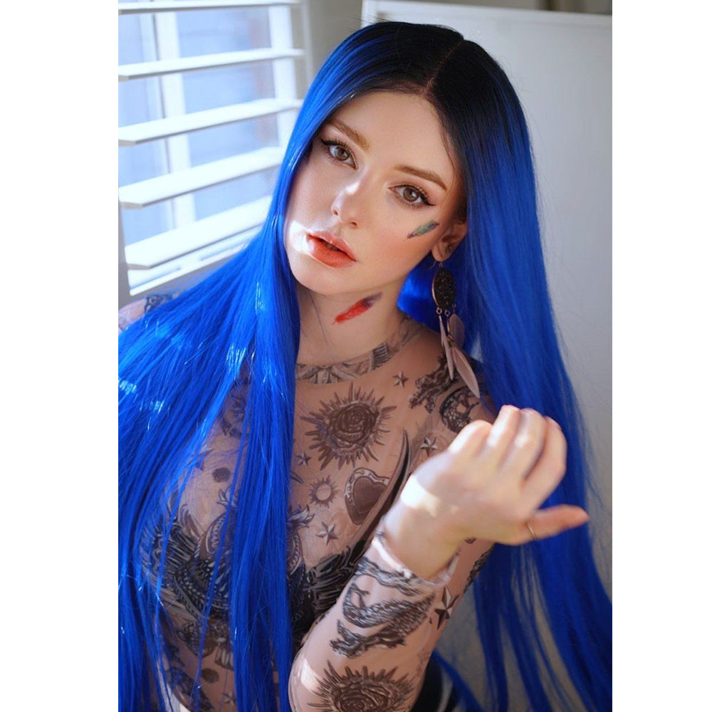 NOBLE Synthetic Lace Front Wigs |38 inch Super Long Straight Lace Wig Preplucked| Blue Wig - Noblehair