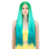 NOBLE Synthetic Lace front Middle Part Wig | 30 Inch long straight Wig | Ombre Green Color Wig HEADLINE