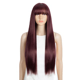 NOBLE Synthetic Long Straight Lace front Wig with Bangs | 28 Inch Synthetic HD Lace wigs | Dark Red | Brittany - Noblehair