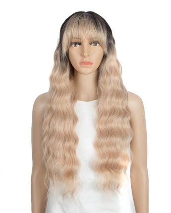 NOBLE Synthetic Long Wavy Lace front Wig with Bangs | 28 Inch Synthetic HD Lace wigs | Pink Blonde | Angelica - Noblehair