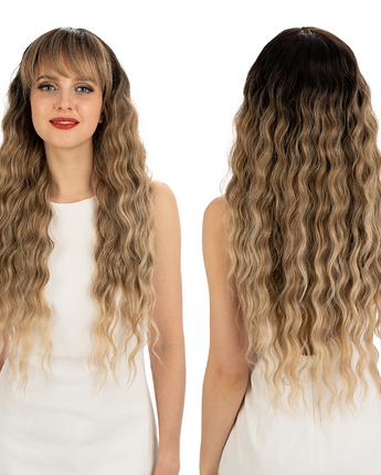 NOBLE Synthetic Long Wavy Lace front Wig with Bangs | 28 Inch Synthetic HD Lace wigs | Brown Blonde | Angelica - Noblehair