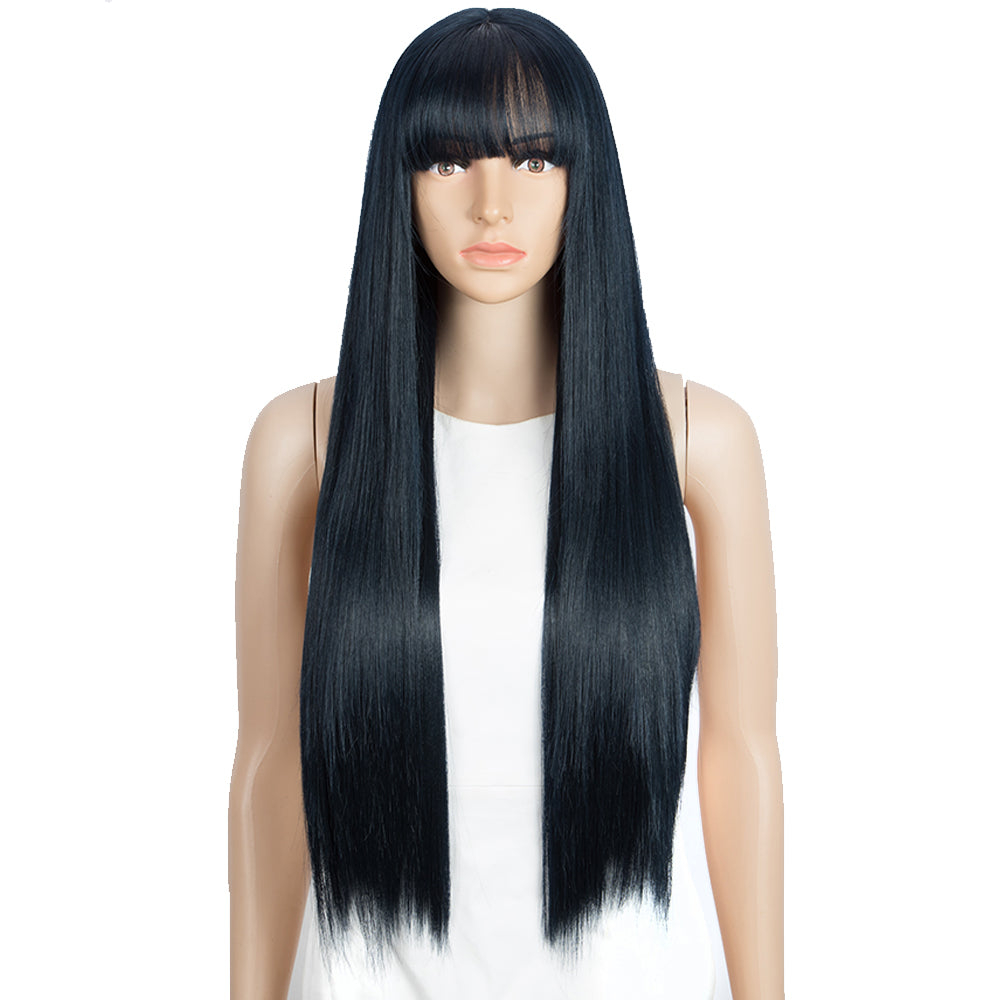 NOBLE Synthetic Long Straight Lace front Wig with Bangs | 28 Inch Synthetic HD Lace wigs | Blue Black | Brittany - Noblehair