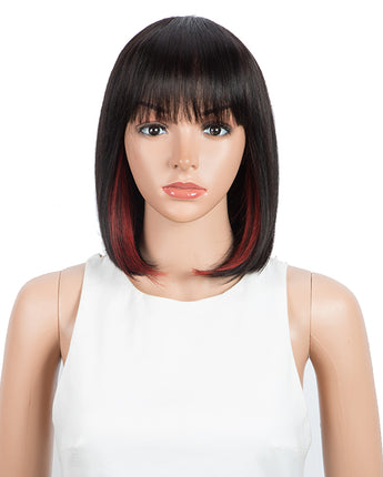 NOBLE Short Human Hair Bob Wigs with Bangs | 10" Machine Made Bob Wigs for Black Women | Dyed Red Hair Behind Ear Wigs ERIN - Noblehair