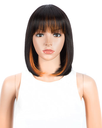 NOBLE Short Human Hair Bob Wigs with Bangs | 10" Machine Made Bob Wigs for Black Women | Dyed Orange Hair Behind Ear Wigs ERIN - Noblehair
