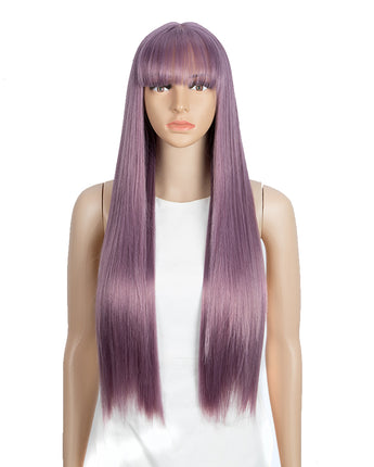 NOBLE Synthetic Long Straight Lace front Wig with Bangs | 28 Inch Synthetic HD Lace wigs | Ash Purple | Brittany - Noblehair