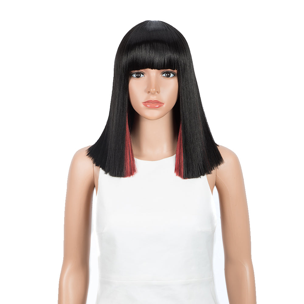 NOBLE Synthetic Behind Ear Dyed Hair Wig | 13 Inch Blunt Cut Bob Wigs with Bangs | Dyed Red Color Behind Ear Avril - Noblehair