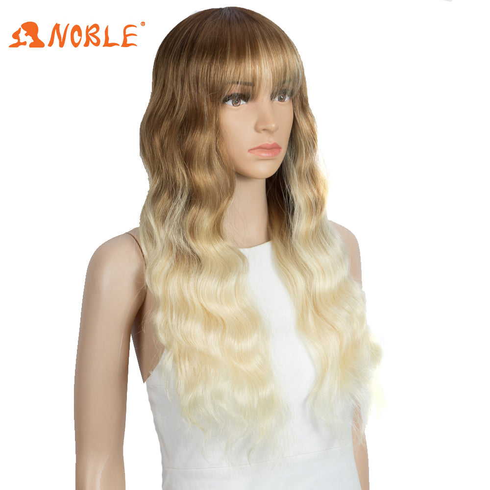 NOBLE Synthetic Long Wavy Wig with Bangs | 26 Inch Non Lace Loose wigs | Ombre Bright Blonde Color | CARLA - Noblehair