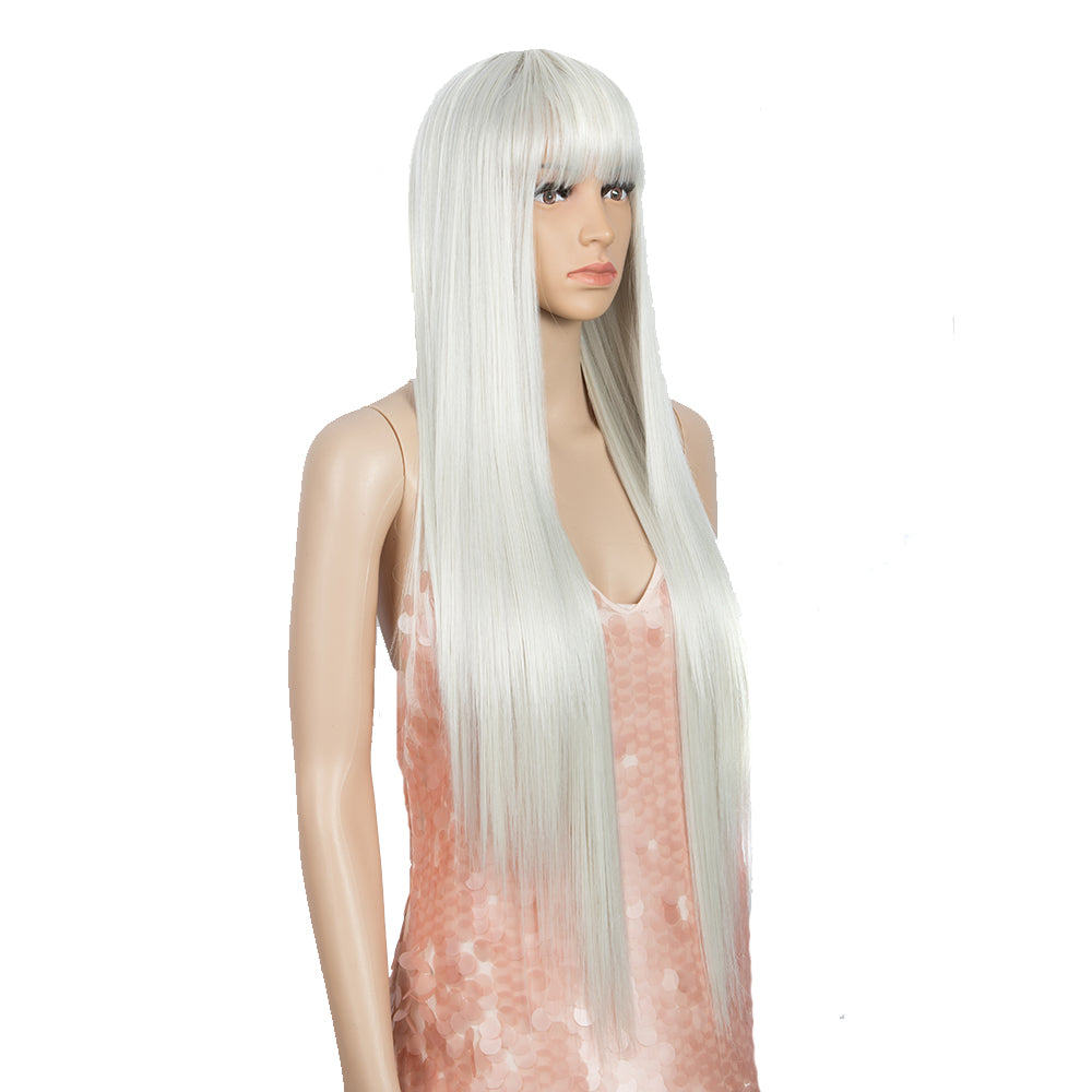 NOBLE Synthetic Non Lace Wig | 32 Inch long straight Wigs with Bangs | White Color Wig JOYO - Noblehair