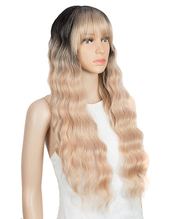 NOBLE Synthetic Long Wavy Lace front Wig with Bangs | 28 Inch Synthetic HD Lace wigs | Pink Blonde | Angelica - Noblehair